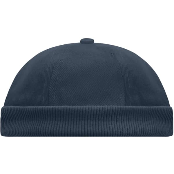 A navy 6 Panel Chef Cap with a textured ribbed band and a rounded top, featuring a logo on the side.