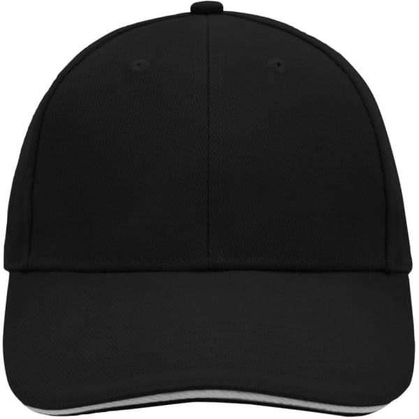 A black 6 panel sandwich cap featuring a structured design and a branded logo on the front.
