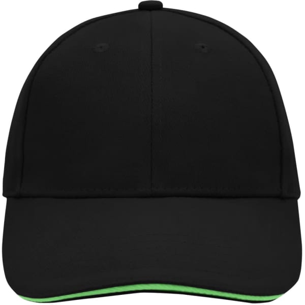 A black 6-panel sandwich cap with a green underbrim and a logo on the front.
