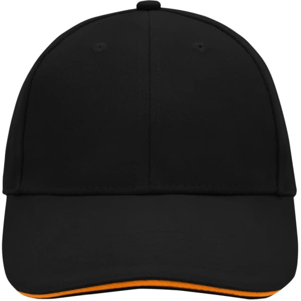 A black 6 panel sandwich cap with an orange trim along the brim and a logo on the front.