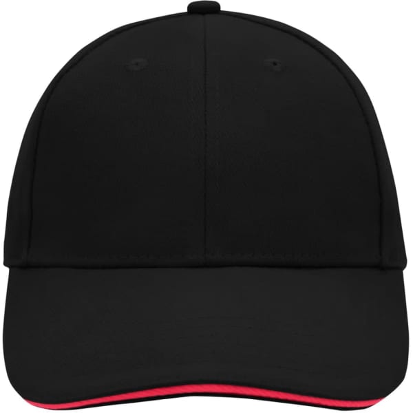 A black 6-panel sandwich cap with a red underbrim, featuring a logo on the front.