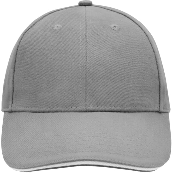 A grey 6-panel sandwich cap with a rounded crown and a curved brim, featuring a logo on the front.