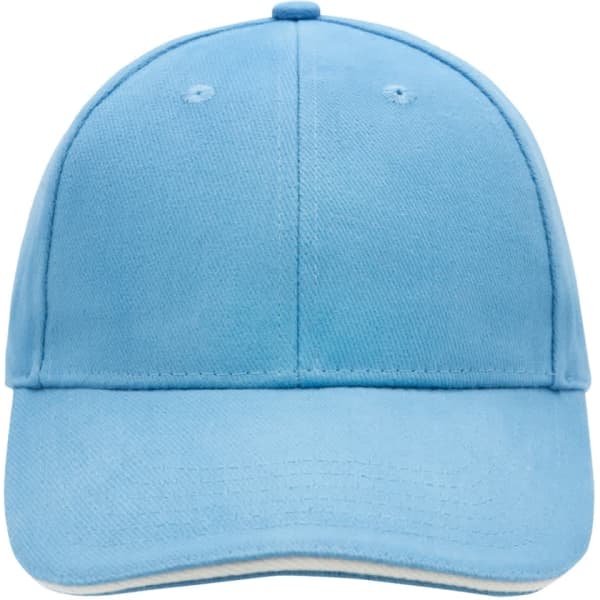 A light blue 6 panel sandwich cap featuring a rounded crown and a curved brim. The cap has a logo on it.