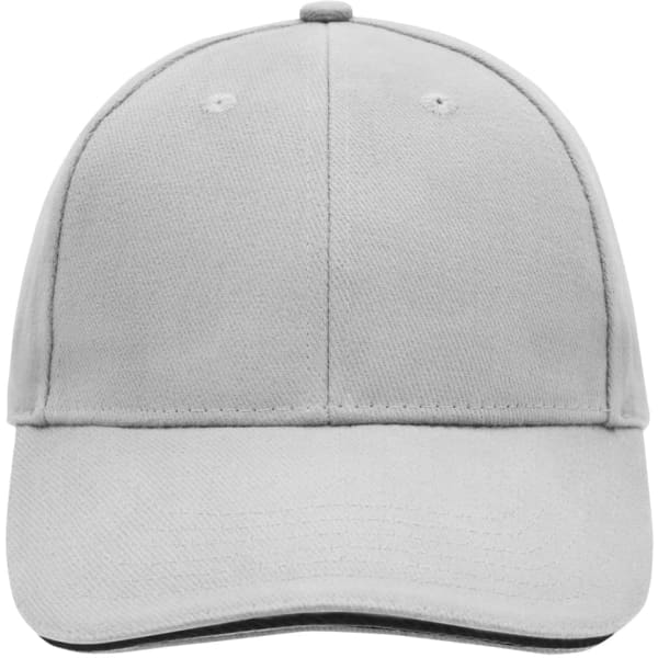 A grey 6-panel sandwich cap with a curved brim and a logo on the front.