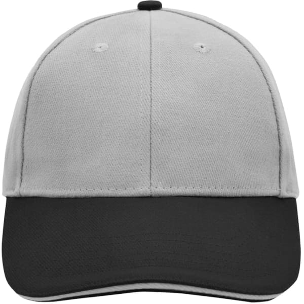 A grey and black 6 Panel Sandwich Cap with a front peak and a logo. Designed for headwear.