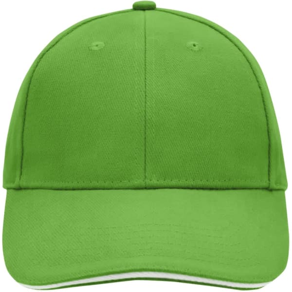 A green 6 Panel Sandwich Cap with a curved brim and an embroidered logo.