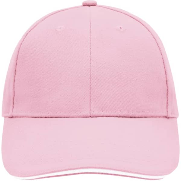 A pink 6-panel sandwich cap featuring a curved brim and a logo.