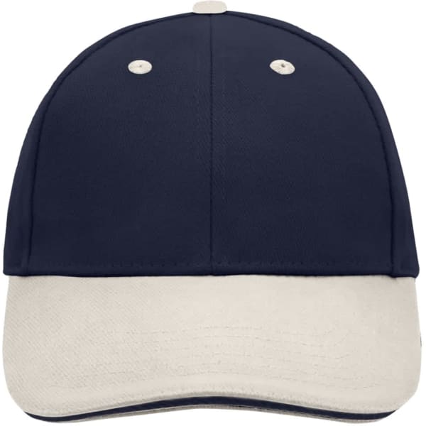 A navy blue and beige 6 panel sandwich cap featuring a curved brim and a logo.