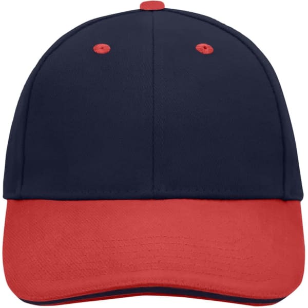 A 6-panel sandwich cap featuring a navy blue crown and red brim, with a logo on the front.