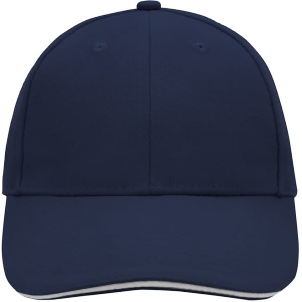 A navy blue 6 panel sandwich cap with a branded logo on the front and a curved visor.