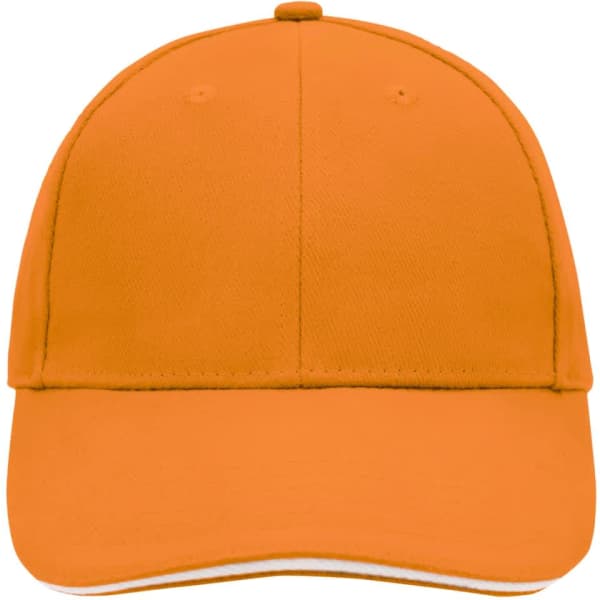 An orange six-panel sandwich cap with a curved brim and a logo on the front.