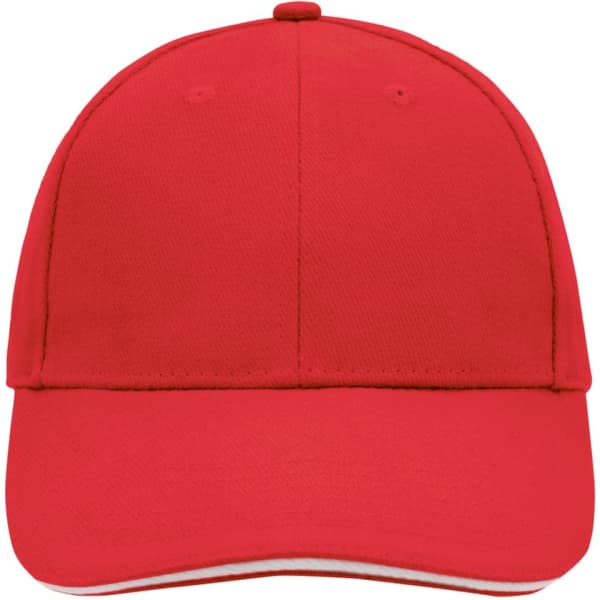 A red 6 panel sandwich cap featuring a curved brim and a logo on the front.