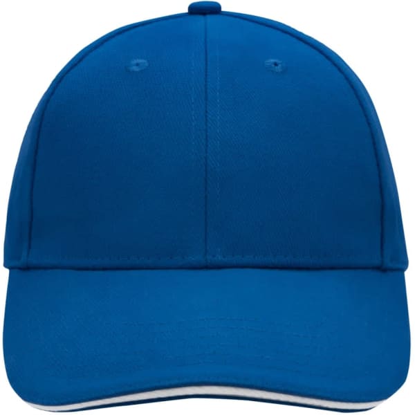 A blue 6 panel sandwich cap with a rounded peak and an internal logo, designed for casual headwear.