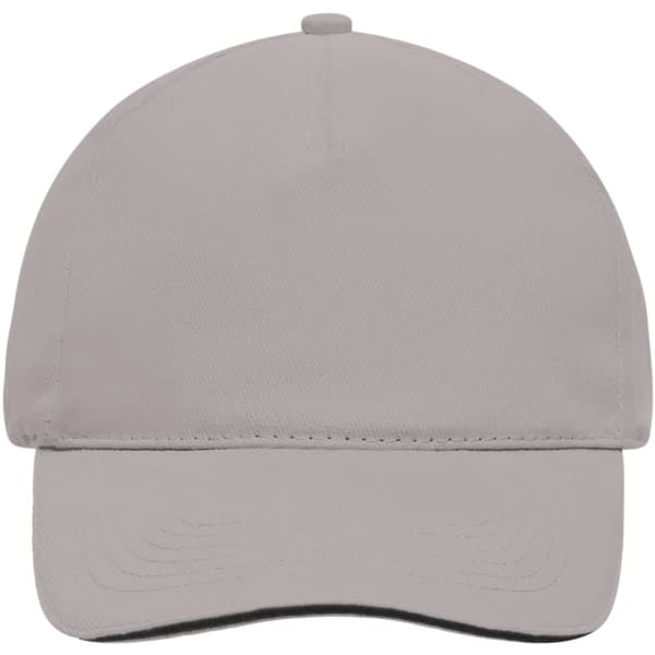 A grey 5 panel sandwich cap with a curved peak and a logo on the front.