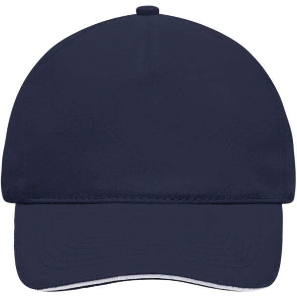 A navy blue five-panel sandwich cap with a contrasting underbill. It features a logo on the front.