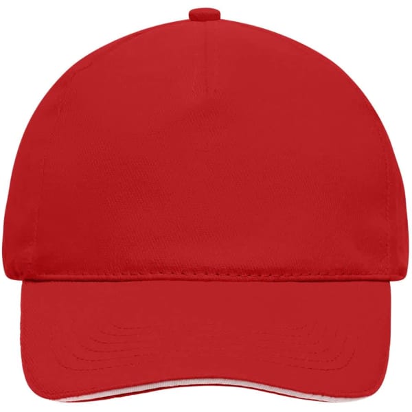 A red 5 panel sandwich cap with a rounded top and a curved brim. It features a logo on the front.