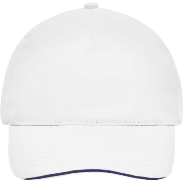 A white 5 panel sandwich cap with a contrasting navy peak and an embroidered logo on the front.