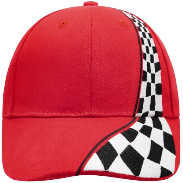A red racing cap featuring a checkered flag design along the side and a logo on the front.