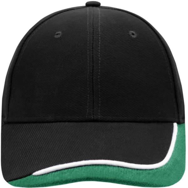 A black cap with a green curved brim and a logo on the front. It features a classic structured design.