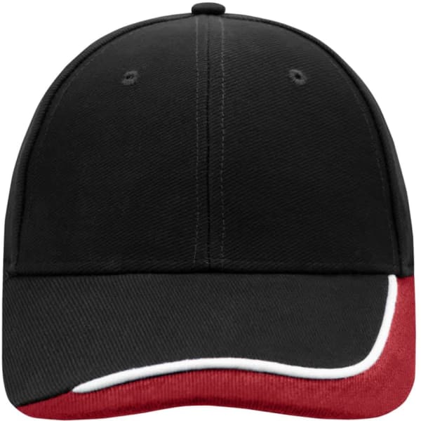 A black cap with a red front panel and white detailing, featuring a logo on the front.