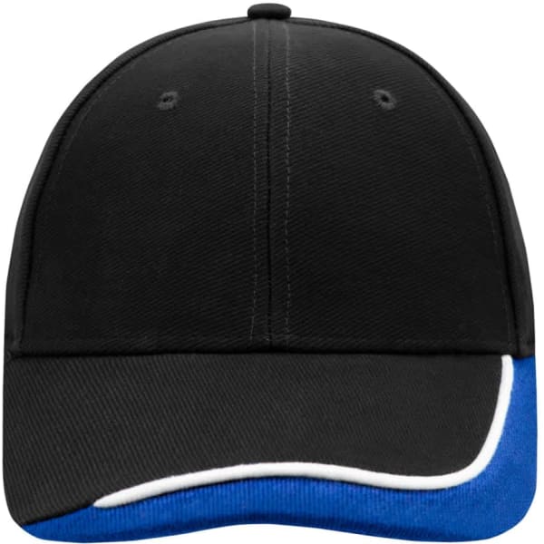 A black cap with a blue brim, featuring a curved visor and ventilation holes. It has a logo on the front.