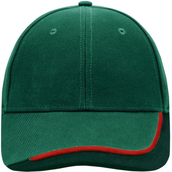 A green cap with a red accent on the brim, featuring a logo on the front.