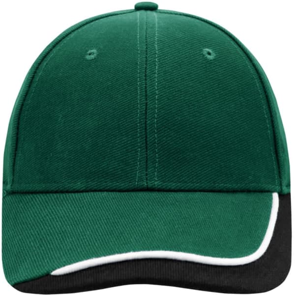 A green and black cap with a curved brim and a logo on the front.