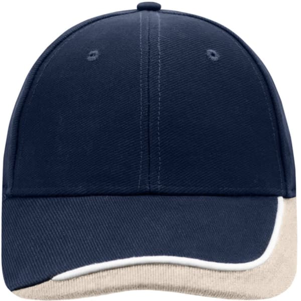A navy cap with a beige peak and a logo on the front. Ideal for headwear enthusiasts.