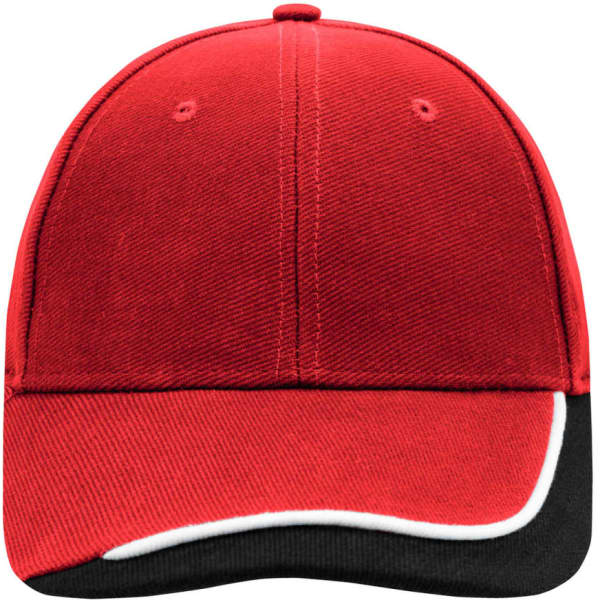 A red cap with a black and white peak, featuring a logo on the front.
