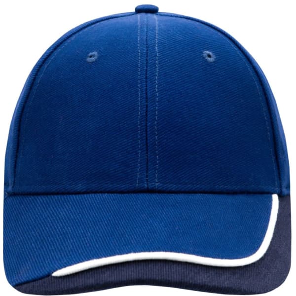 A blue cap featuring a contrasting white trim, showcasing a classic design with a structured fit and curved brim.