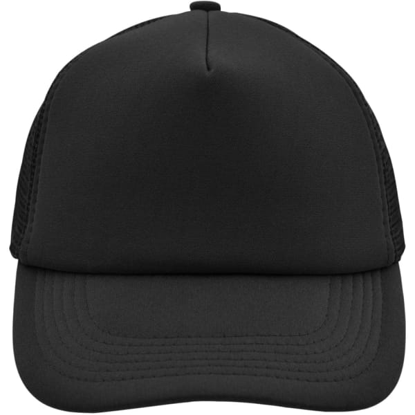 A black 5 panel polyester mesh cap with a solid front and mesh sides, featuring a curved brim and a logo.
