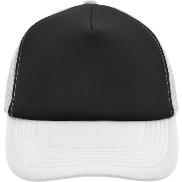 A black and white 5 panel polyester mesh cap featuring a solid black front and grey mesh sides.