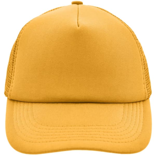 A yellow 5 panel polyester mesh cap with a rounded crown and a stiff brim, featuring a logo on the front.