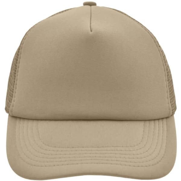 A beige 5 panel polyester mesh cap with a structured front and a mesh back, featuring a logo.