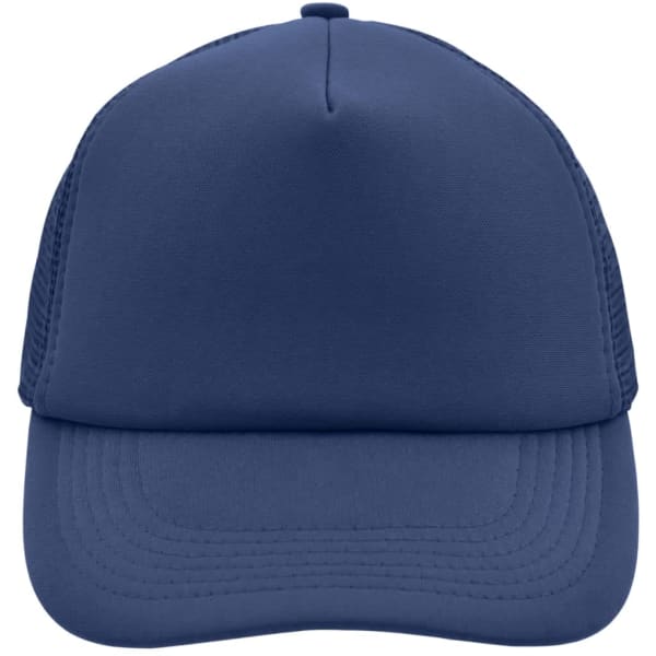 A navy blue 5 panel polyester mesh cap with a structured front and mesh sides, featuring a logo on the front.