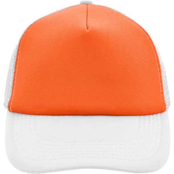 An orange and white 5-panel polyester mesh cap with a structured front and a logo on the front.