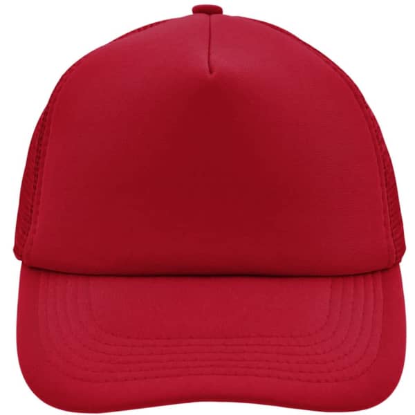 A red 5 panel polyester mesh cap featuring a curved brim and mesh side panels. It includes a logo on the front.