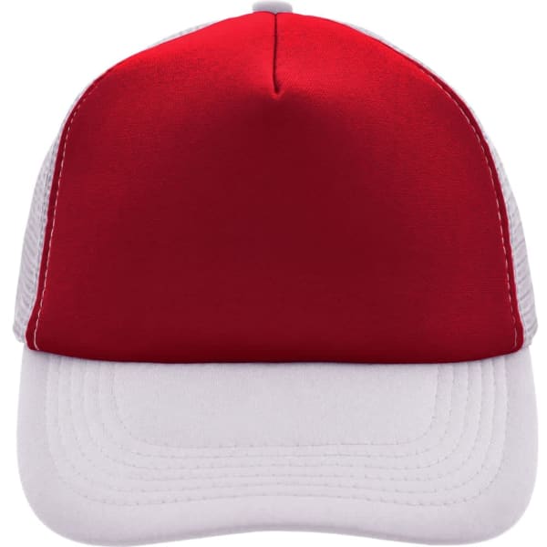 A red and white 5 panel polyester mesh cap featuring a solid front and mesh sides, with a logo on the front.