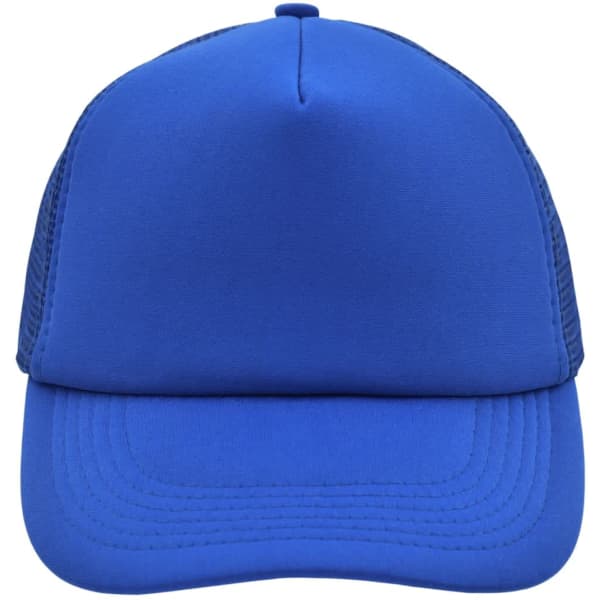 A blue 5-panel polyester mesh cap with a structured front and mesh sides, featuring a logo on the front.