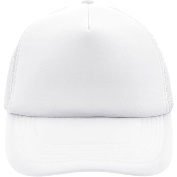 A white 5 panel polyester mesh cap with a structured front and mesh sides, featuring a logo on the front.