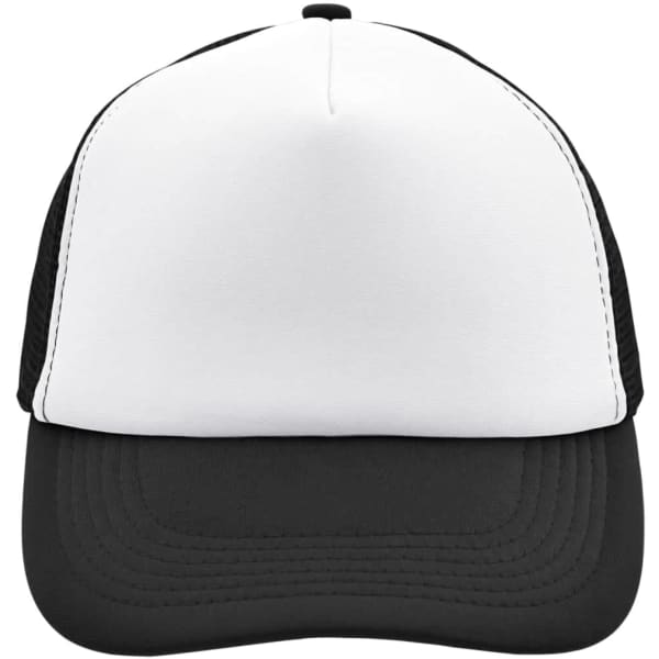 A black and white 5 panel polyester mesh cap featuring a solid front and mesh side panels, with a logo present.