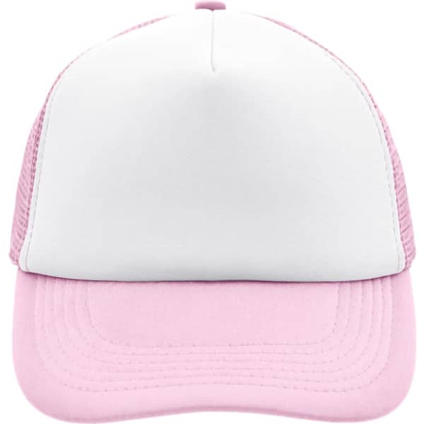 A 5 panel polyester mesh cap in pink and white with a logo on the front.