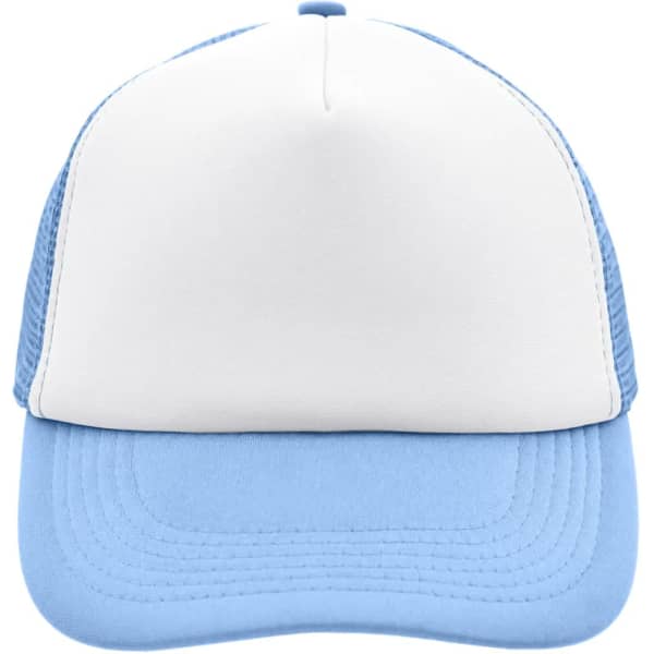A 5 Panel Polyester Mesh Cap in white and light blue with a curved brim and mesh sides, featuring a logo.