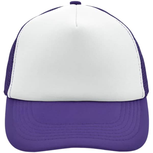 A 5-panel polyester mesh cap in white and purple, featuring a structured front and a logo on the side.