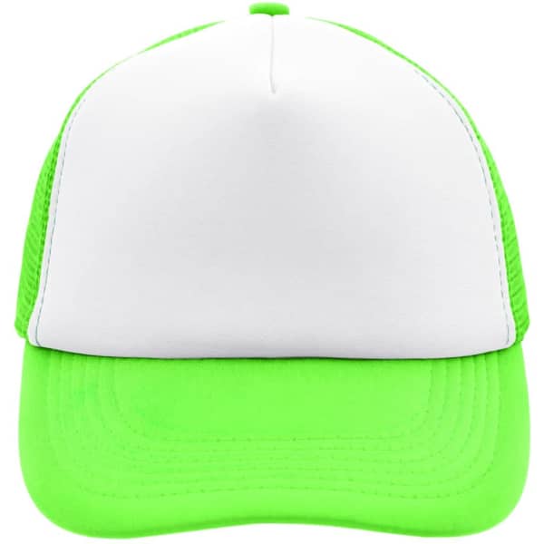 A bright green and white 5 panel polyester mesh cap with a solid front and mesh sides. It features a logo or branding.