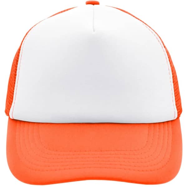 A 5-panel polyester mesh cap in white and orange, featuring a logo on the front.