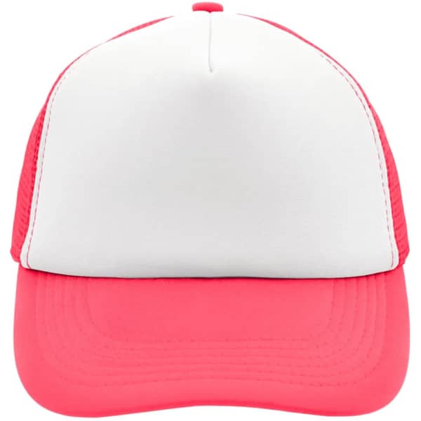 A red and white 5 panel polyester mesh cap with a solid front and breathable mesh sides. It features a logo.