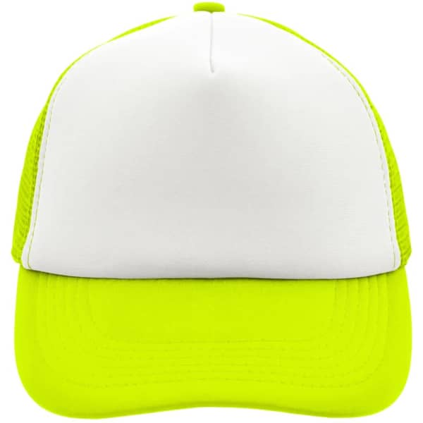 A 5-panel cap featuring a white front and bright yellow mesh sides, with a curved brim and an attached logo.