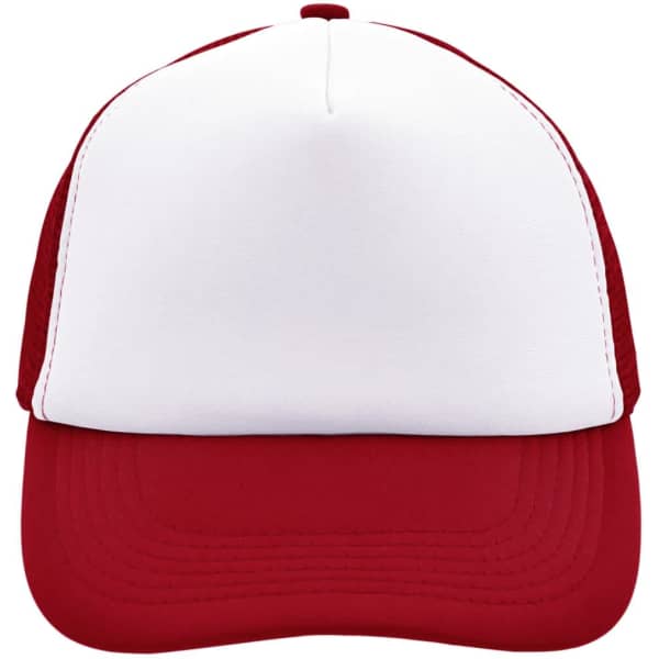 A red and white 5 panel polyester mesh cap with a curved brim and a logo on the front.