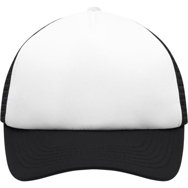 A 5 panel polyester mesh cap for kids, featuring a white front and black sides and brim, with a logo.